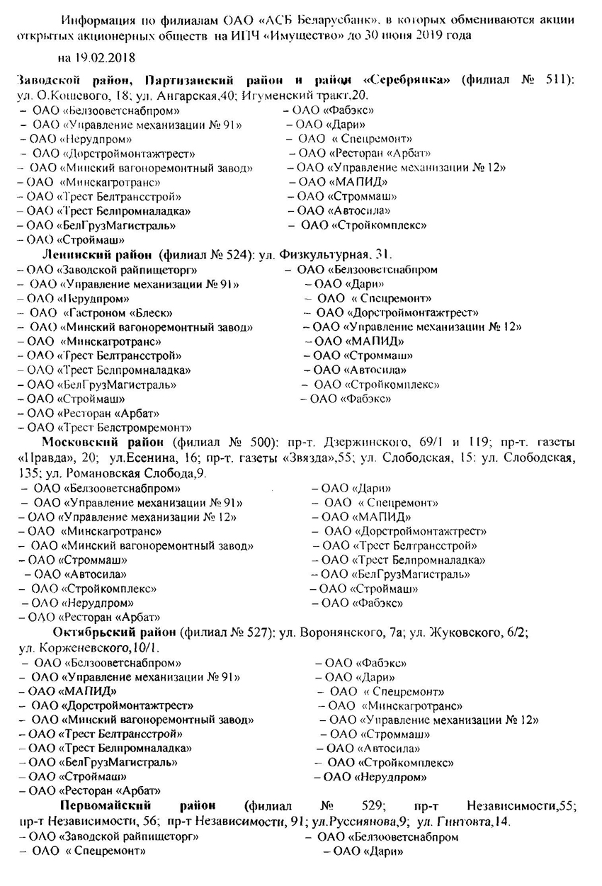 Информация по филиалам ОАО «АСБ Беларусбанк», в которых обмениваются акции открытых акционерных обществ на ИПЧ «Имущество» до 30 июня 2019 года.